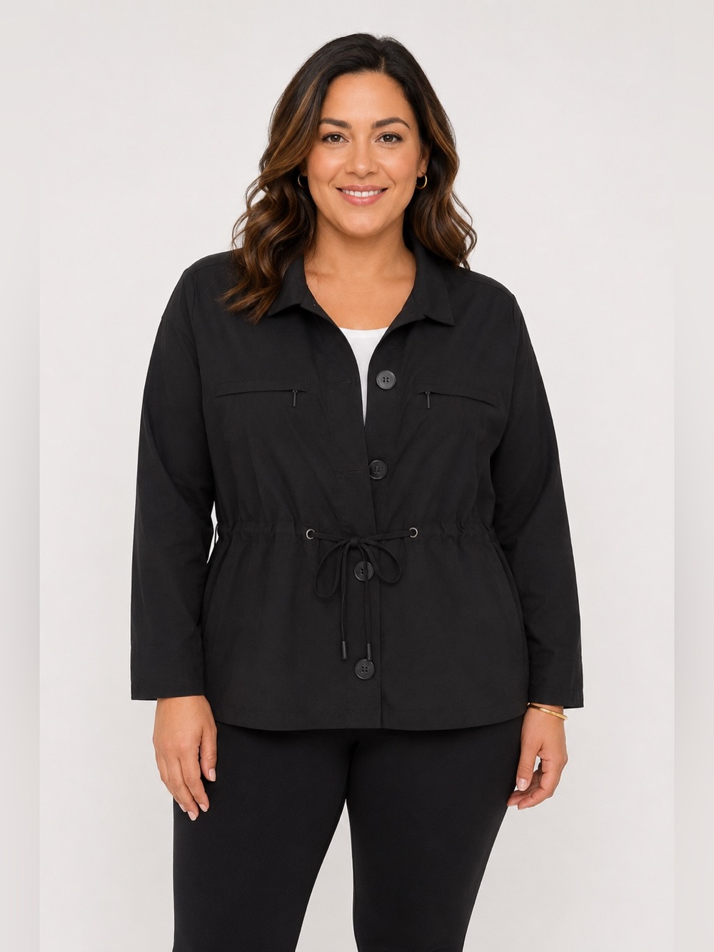 Soft Surroundings Black Utility Jacket Drawstring Waist Zip Pockets Size Large